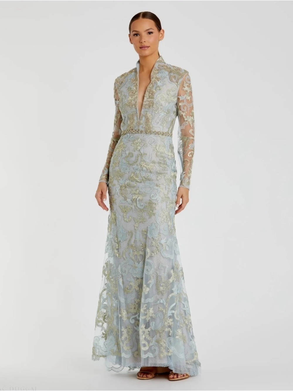Mac Duggal 11165 Blue Queen Anne Lace Long Sleeve V-Neck Trumpet Gown Sz 10 NWOT